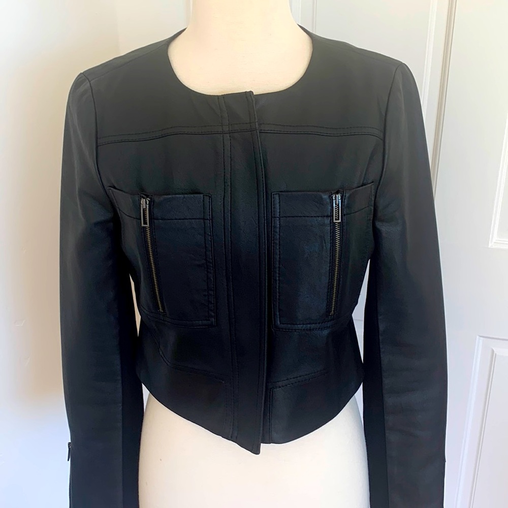 BCBG Maxazria black faux leather jacket